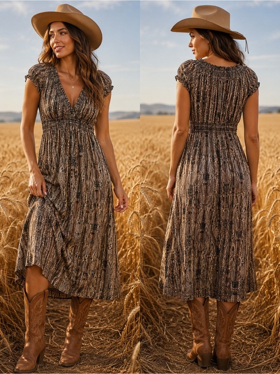 Sepogee Dresses & Skirts - Sepogee Brown Printed Smocked-Waist Midi Dress